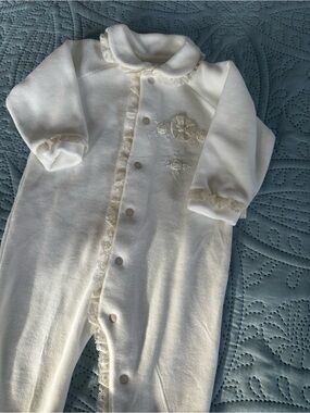 Vintage Plush Ivory Baby Footed Pajama with Lace & Embroidery 3-6M